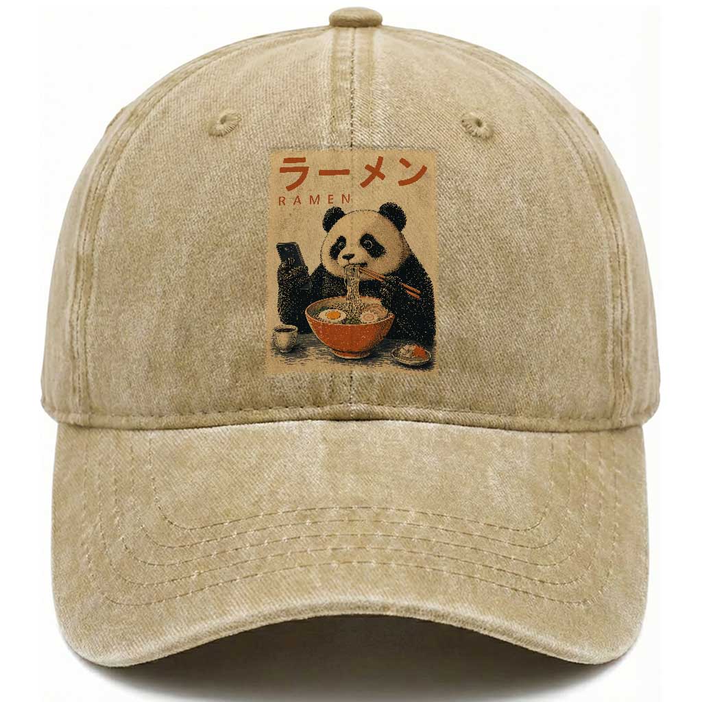Funny Panda Eating Ramen Scrolling Phone Washed Cotton Baseball Cap Japanese Art Aesthetic TS12 Print Your Wear