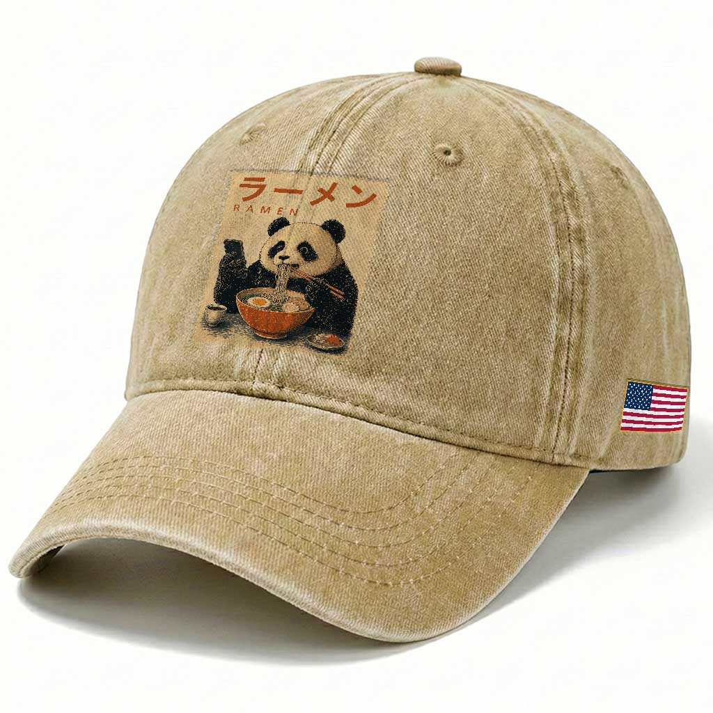 Funny Panda Eating Ramen Scrolling Phone Washed Cotton Baseball Cap Japanese Art Aesthetic TS12 Print Your Wear