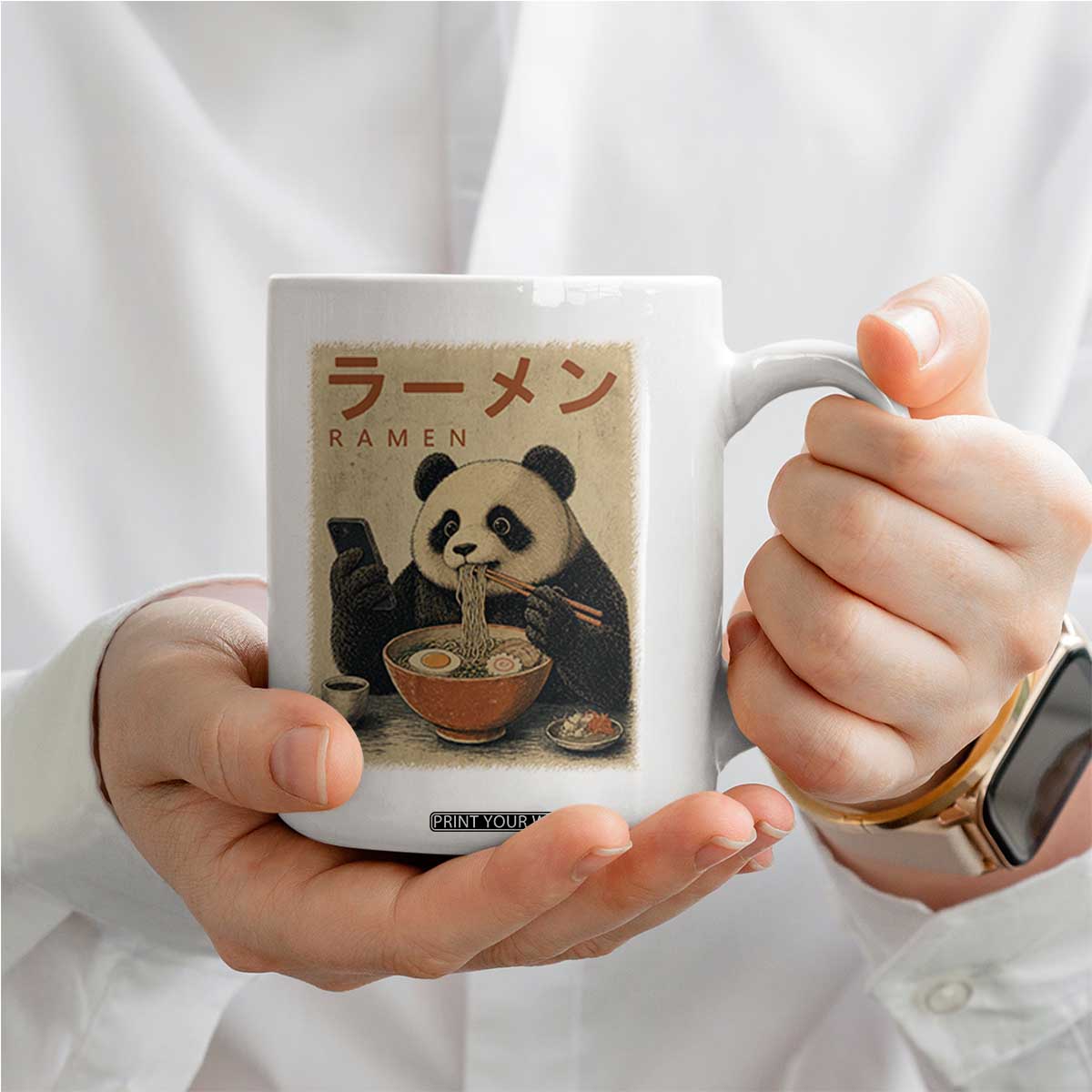Funny Panda Eating Ramen Scrolling Phone Coffee Mug Japanese Art Aesthetic TS12 Print Your Wear
