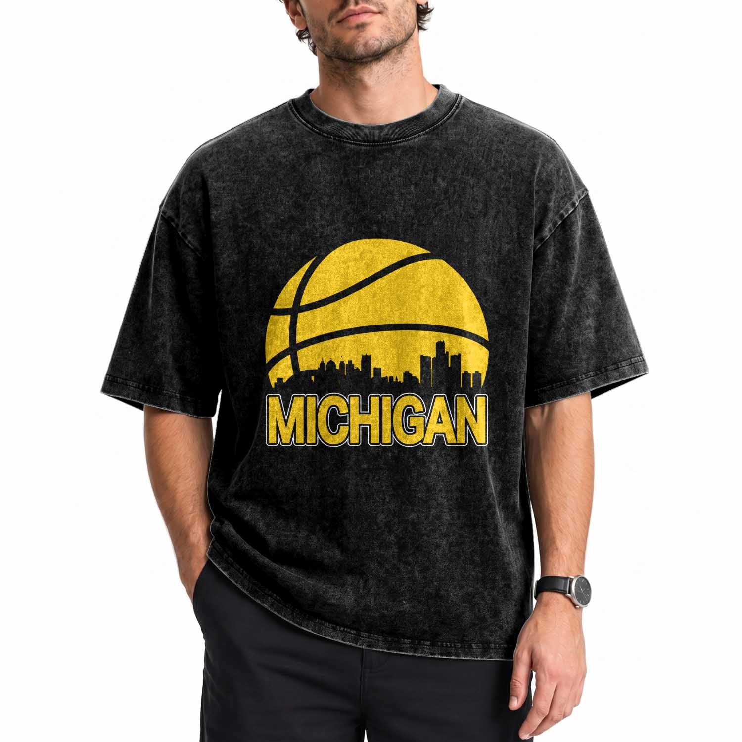 Vintage Michigan Skyline Washed Cotton T-Shirt Basketball Lover Gift