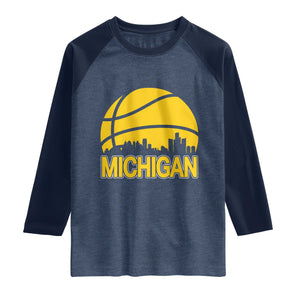 Vintage Michigan Skyline Raglan Shirt Basketball Lover Gift TS12 Heather Denim Navy Print Your Wear