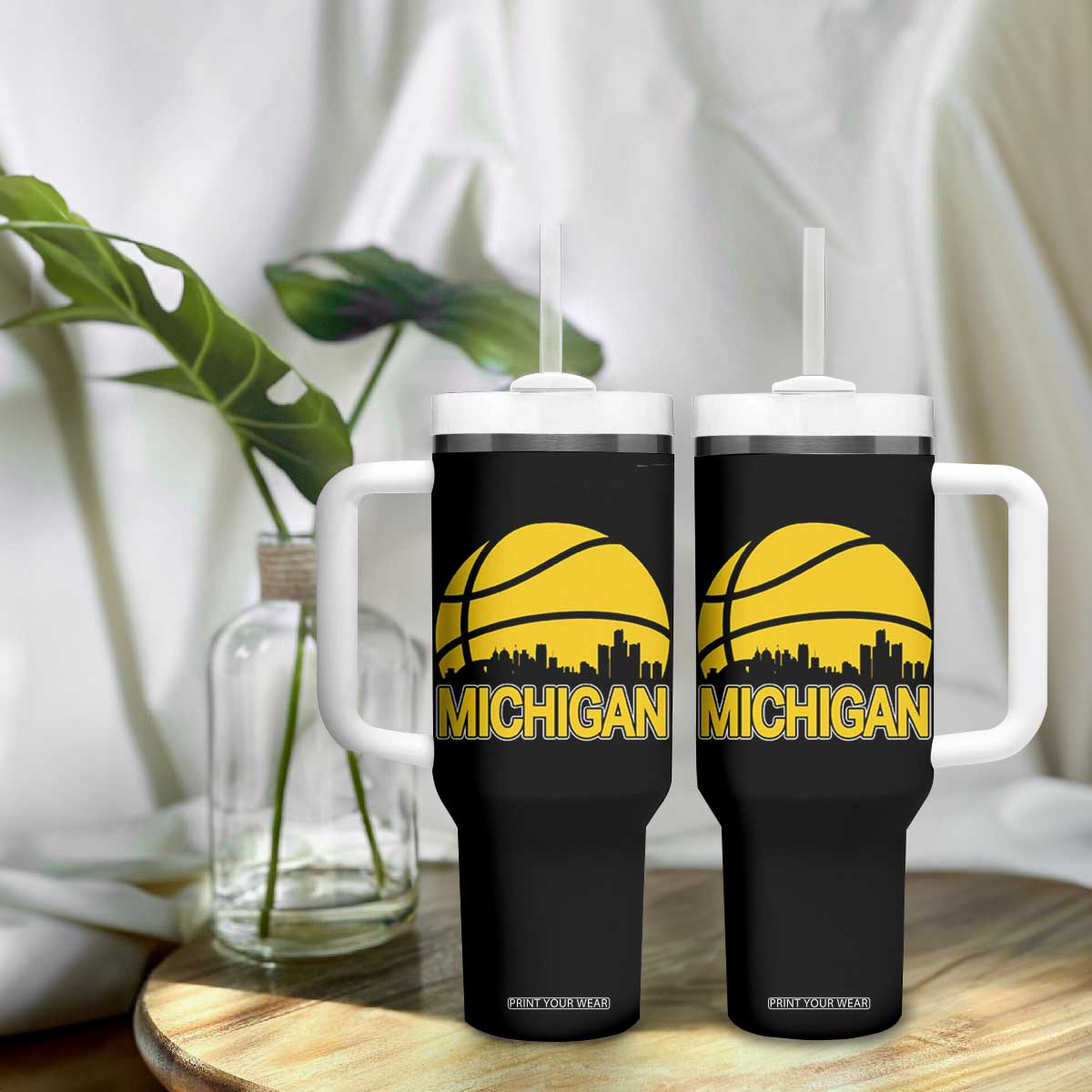 Vintage Michigan Skyline Tumbler With Handle Basketball Lover Gift TS12 Print Your Wear