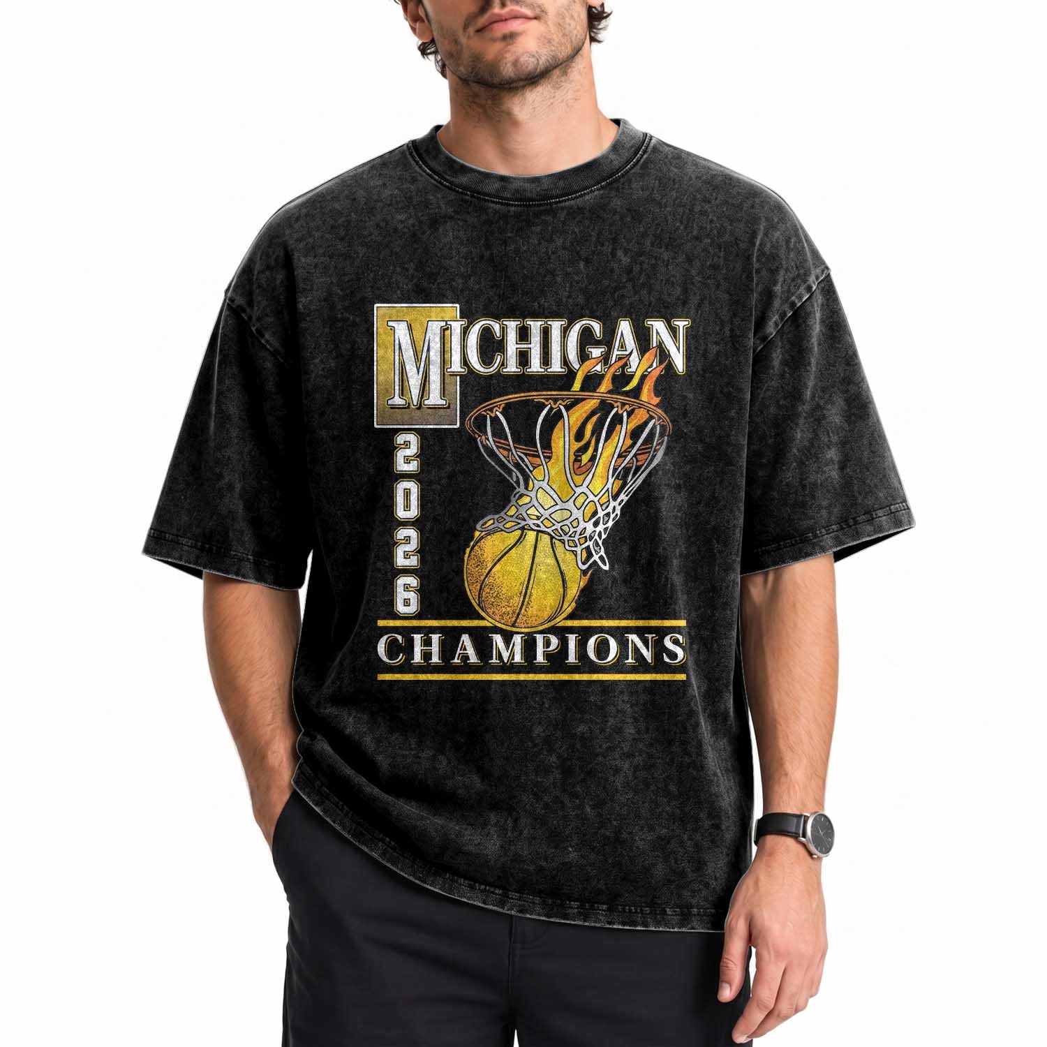 Michigan 2026 Flaming Hoop Basketball Lover Washed Cotton T-Shirt Champions Victory Graphic Sports Fan