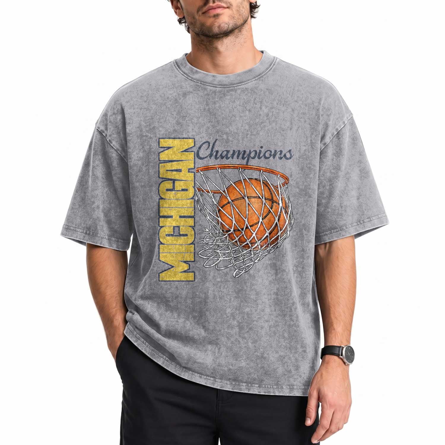Vintage Michigan Hoops Pride Washed Cotton T-Shirt Retro Blue And Gold Champions Victory Graphic Sports Fan