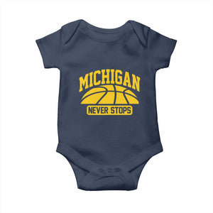 Michigan Never Stops Baby Onesie Great Lakes State Basketball Pride Gift TS12 Navy Print Your Wear