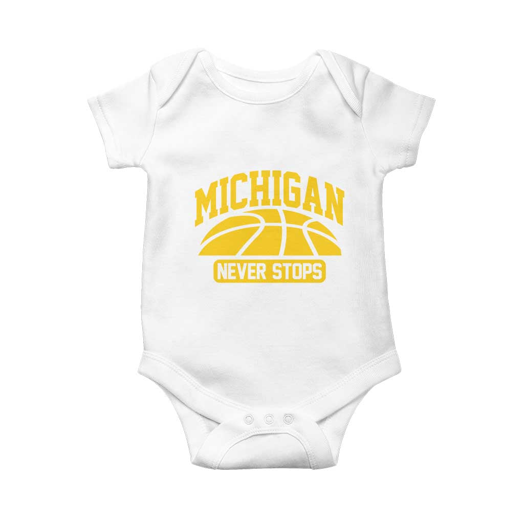 Michigan Never Stops Baby Onesie Great Lakes State Basketball Pride Gift TS12 White Print Your Wear