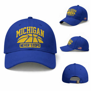 Michigan Never Stops Baseball Cap Great Lakes State Basketball Pride Gift TS12 Baseball Cap Universal Fit Royal Blue Print Your Wear