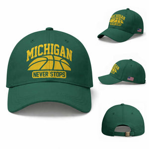 Michigan Never Stops Baseball Cap Great Lakes State Basketball Pride Gift TS12 Baseball Cap Universal Fit Irish Green Print Your Wear