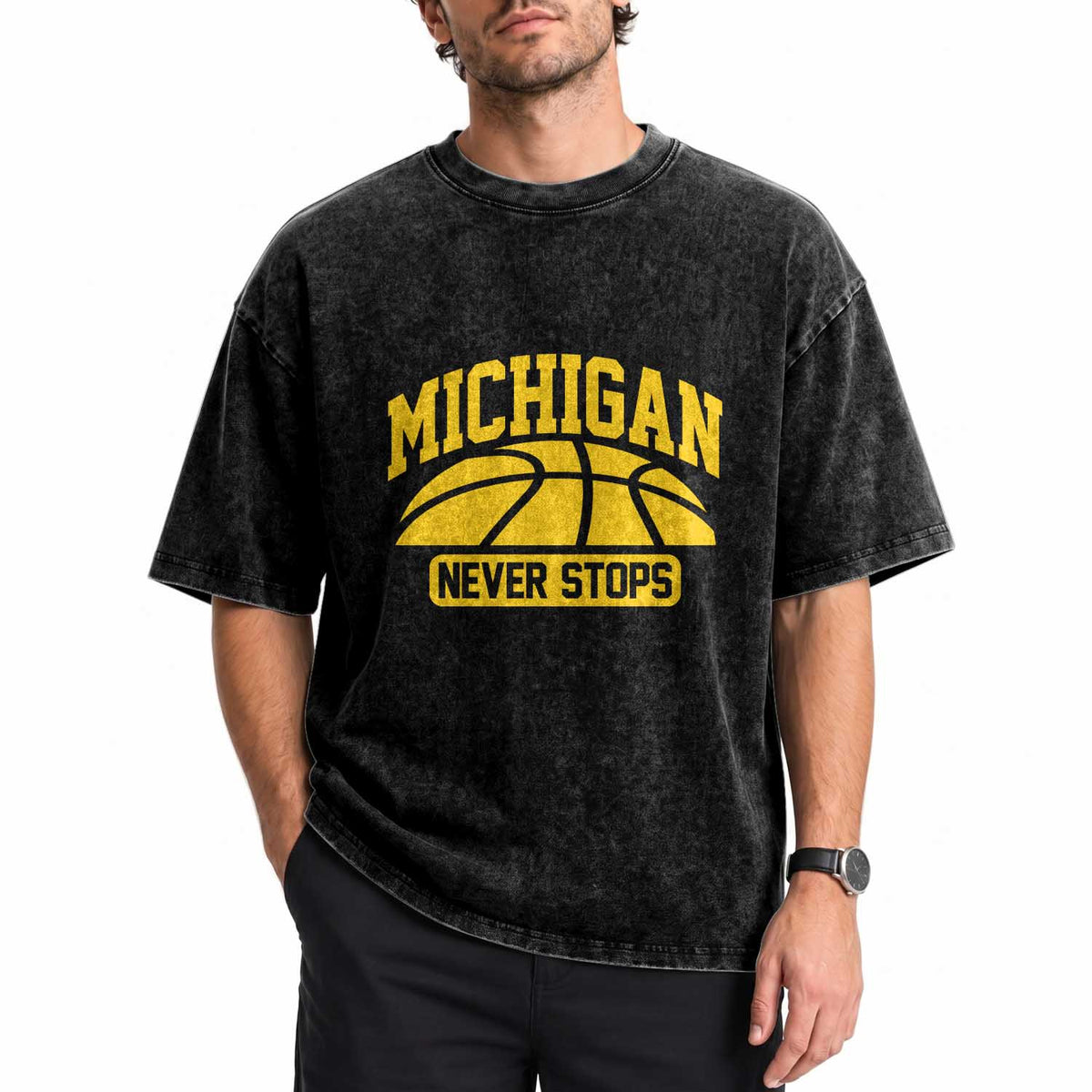 Michigan Never Stops Washed Cotton T-Shirt Great Lakes State Basketball Pride Gift