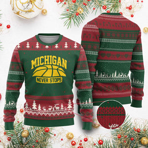 Michigan Never Stops Ugly Christmas Sweater Great Lakes State Basketball Pride Gift TS12 Red Green Print Your Wear