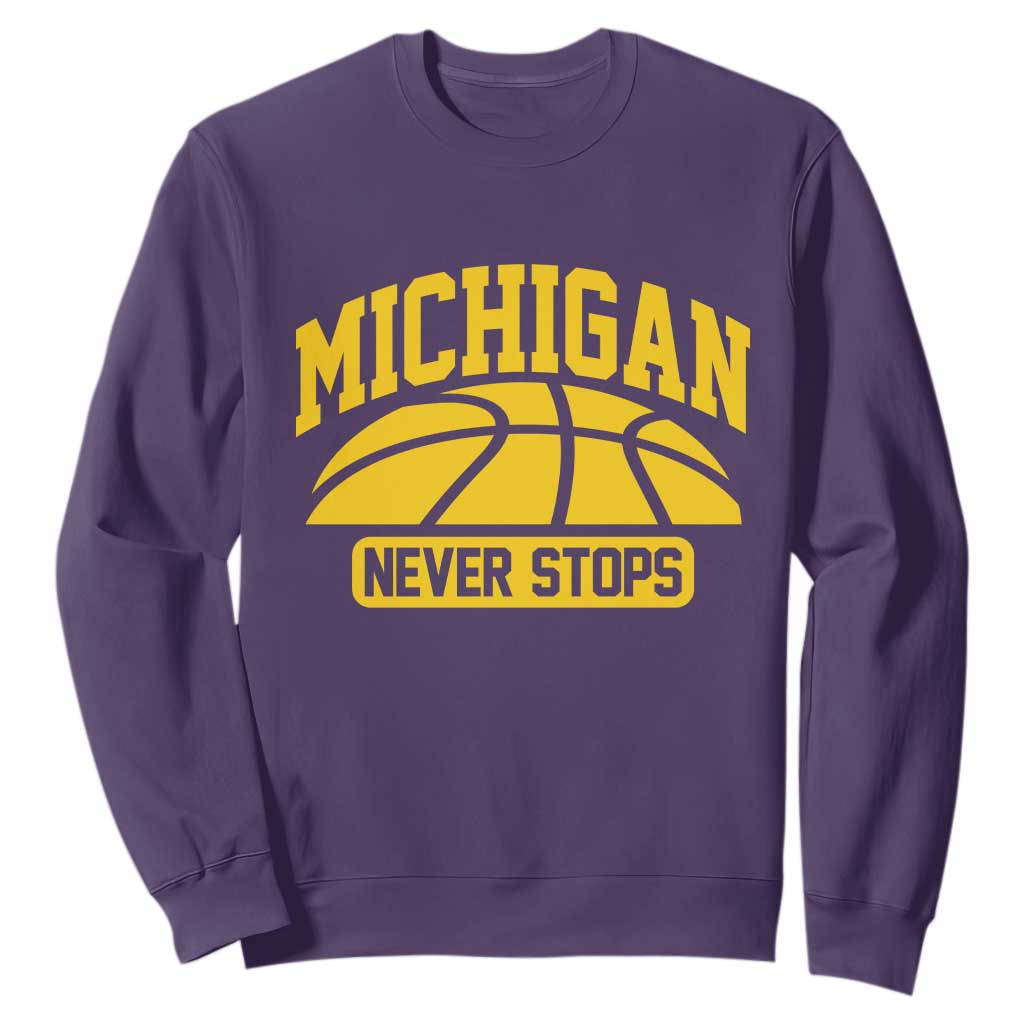 Michigan Never Stops Sweatshirt Great Lakes State Basketball Pride Gift TS12 Purple Print Your Wear