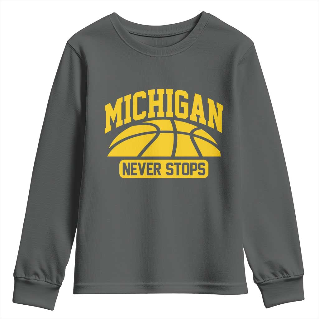 Michigan Never Stops Youth Sweatshirt Great Lakes State Basketball Pride Gift TS12 Dark Heather Print Your Wear