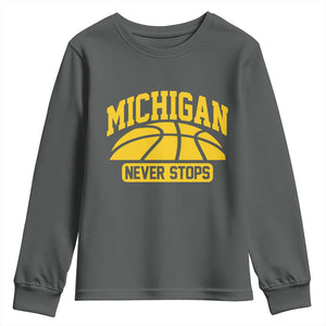 Michigan Never Stops Youth Sweatshirt Great Lakes State Basketball Pride Gift TS12 Dark Heather Print Your Wear