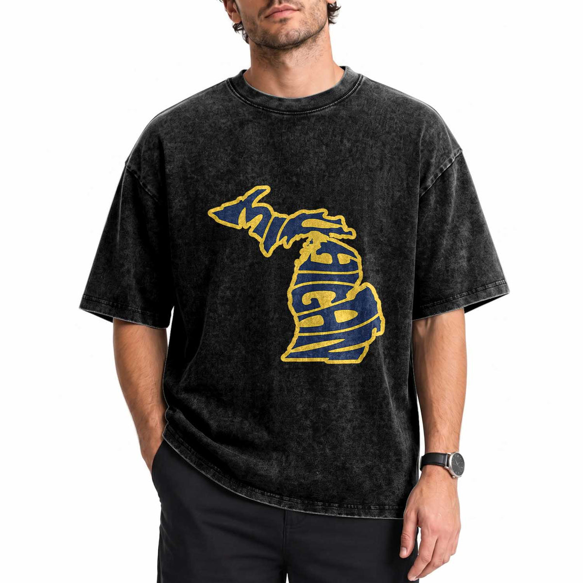 Michigan Lover State Map Pride Souvenir Gift Washed Cotton T-Shirt
