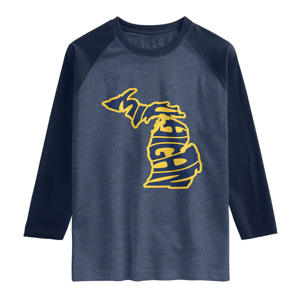 Michigan Lover State Map Pride Souvenir Gift Raglan Shirt TS12 Heather Denim Navy Print Your Wear