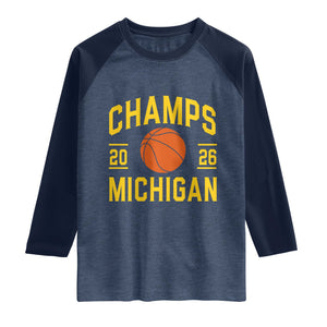 Michigan Hoops Champions Graphic Raglan Shirt 2026 Basketball Victory Pride TS12 Heather Denim Navy Print Your Wear