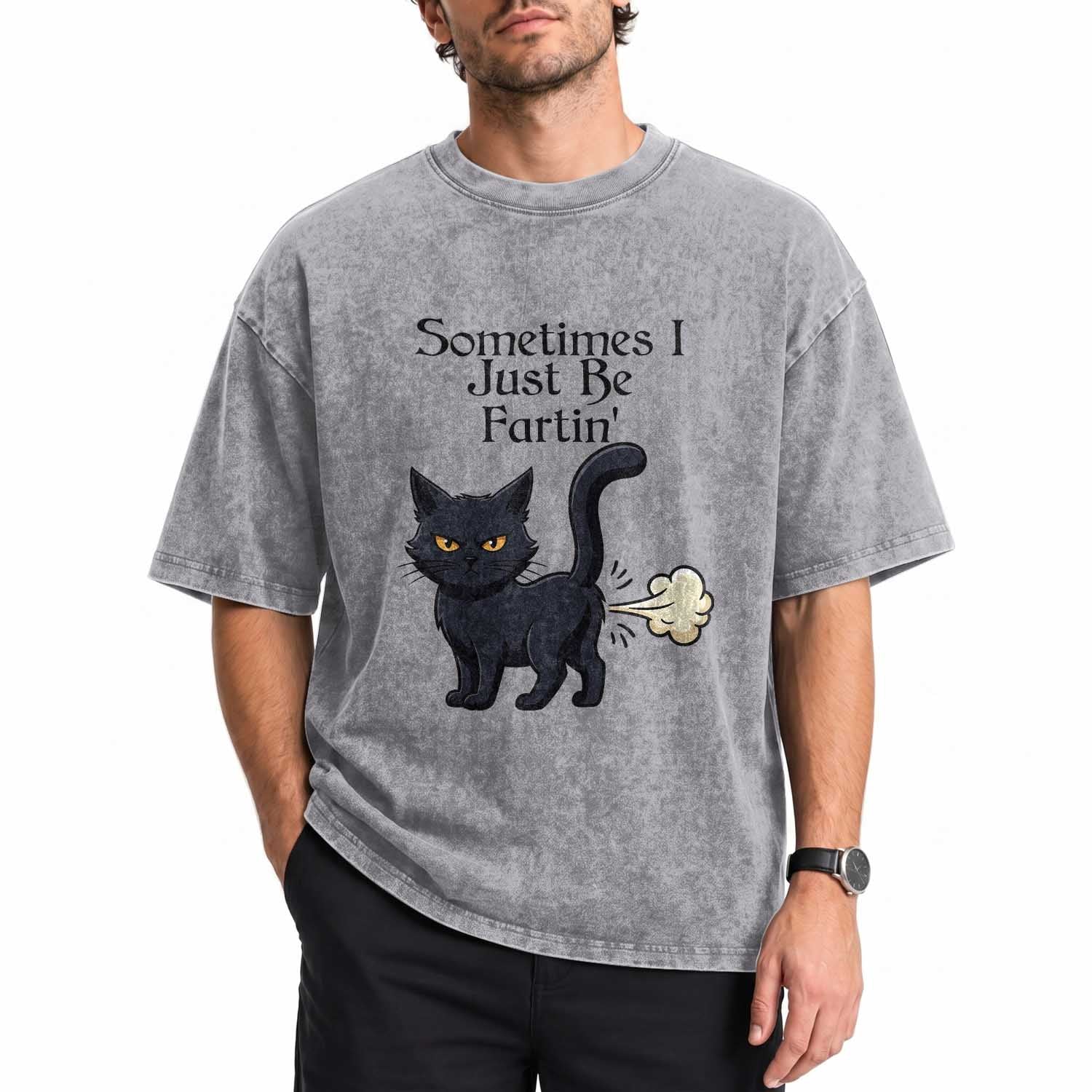Funny Black Cat Bathroom Humor Washed Cotton T-Shirt Sometimes I Just Be Fartin