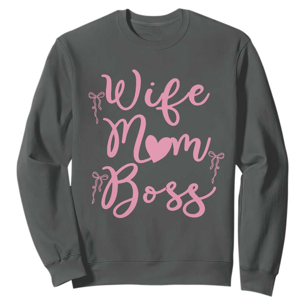 Funny Wife Mom Boss Sweatshirt Girly Pink Bows Mothers Day Gift TS12 Dark Heather Print Your Wear