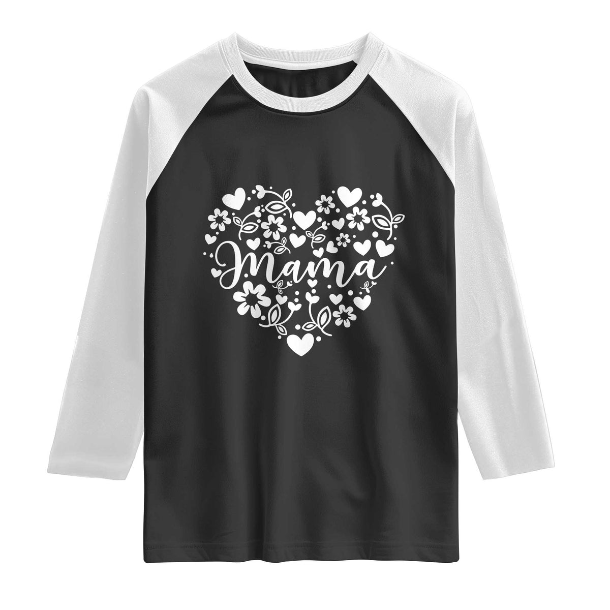 Floral Mama Heart Graphic Raglan Shirt Mothers Day Flower Gift TS12 Black White Print Your Wear