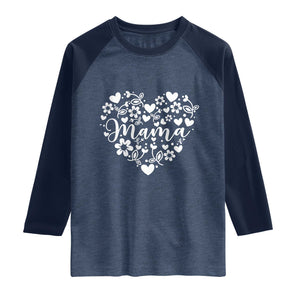 Floral Mama Heart Graphic Raglan Shirt Mothers Day Flower Gift TS12 Heather Denim Navy Print Your Wear