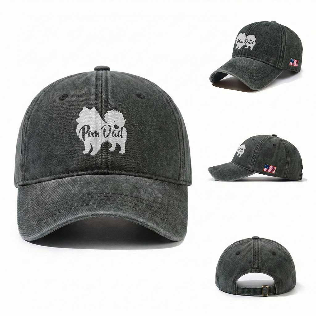 Proud Pomeranian Dad Washed Cotton Baseball Cap Small Breed Dog Owner Gift TS12 Washed Cap Universal Fit Dark Green Print Your Wear