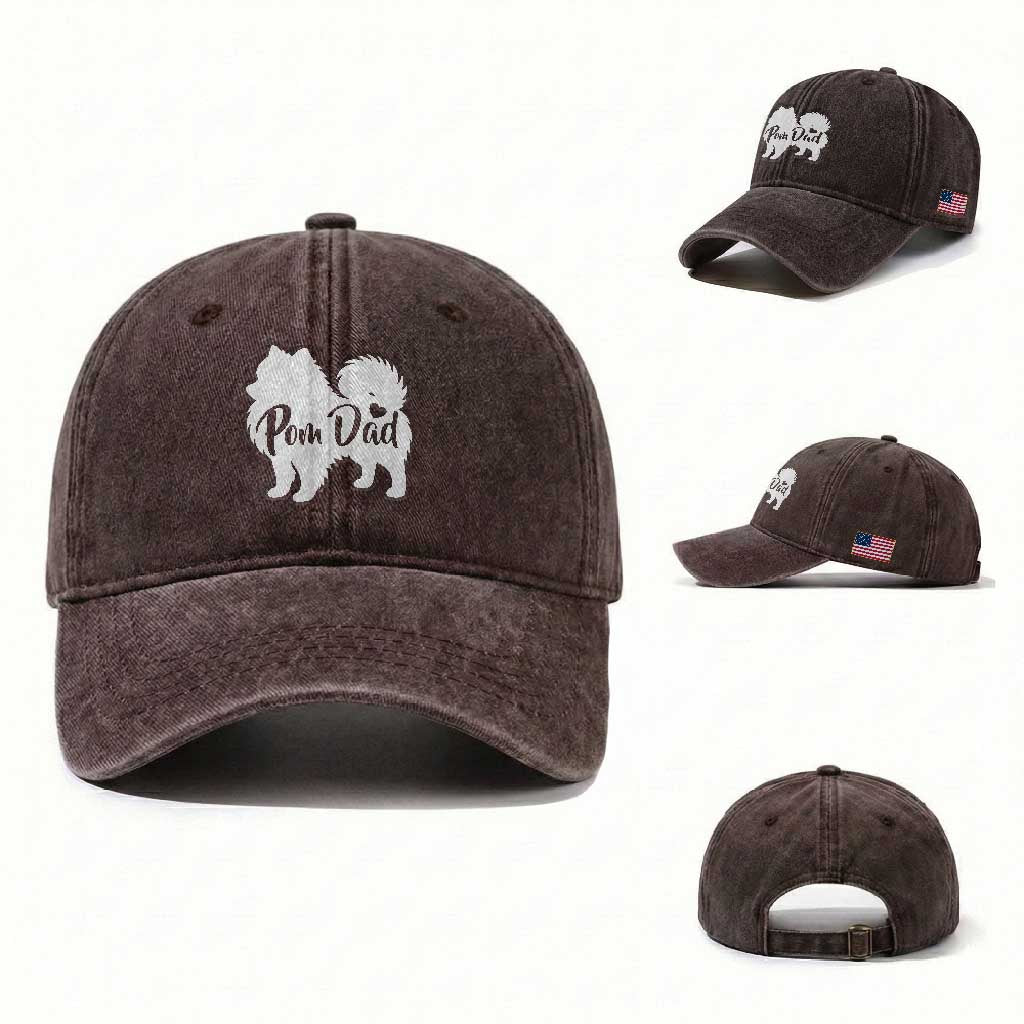 Proud Pomeranian Dad Washed Cotton Baseball Cap Small Breed Dog Owner Gift TS12 Washed Cap Universal Fit Dark Brown Print Your Wear