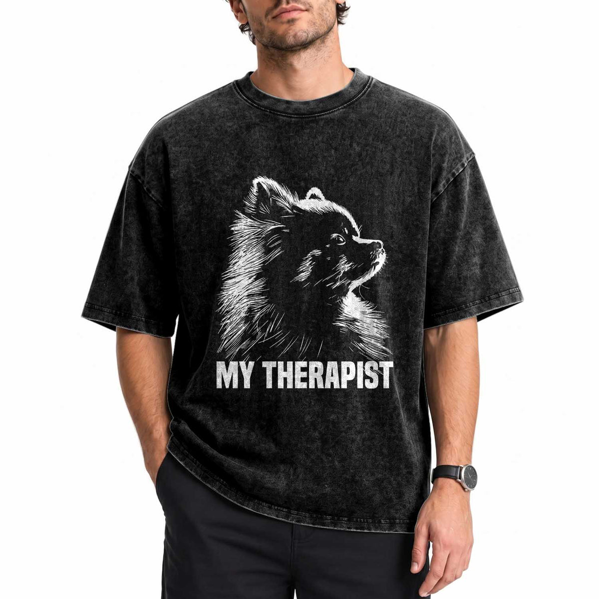 My Therapist Is A Pomeranian Washed Cotton T-Shirt Dog Lover Gift Idea
