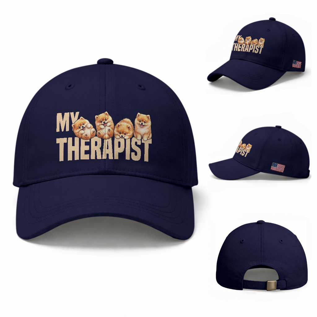 My Therapist Is My Dog Baseball Cap Cute Pomeranian Lover Meme TS12 Baseball Cap Universal Fit Dark Blue Print Your Wear