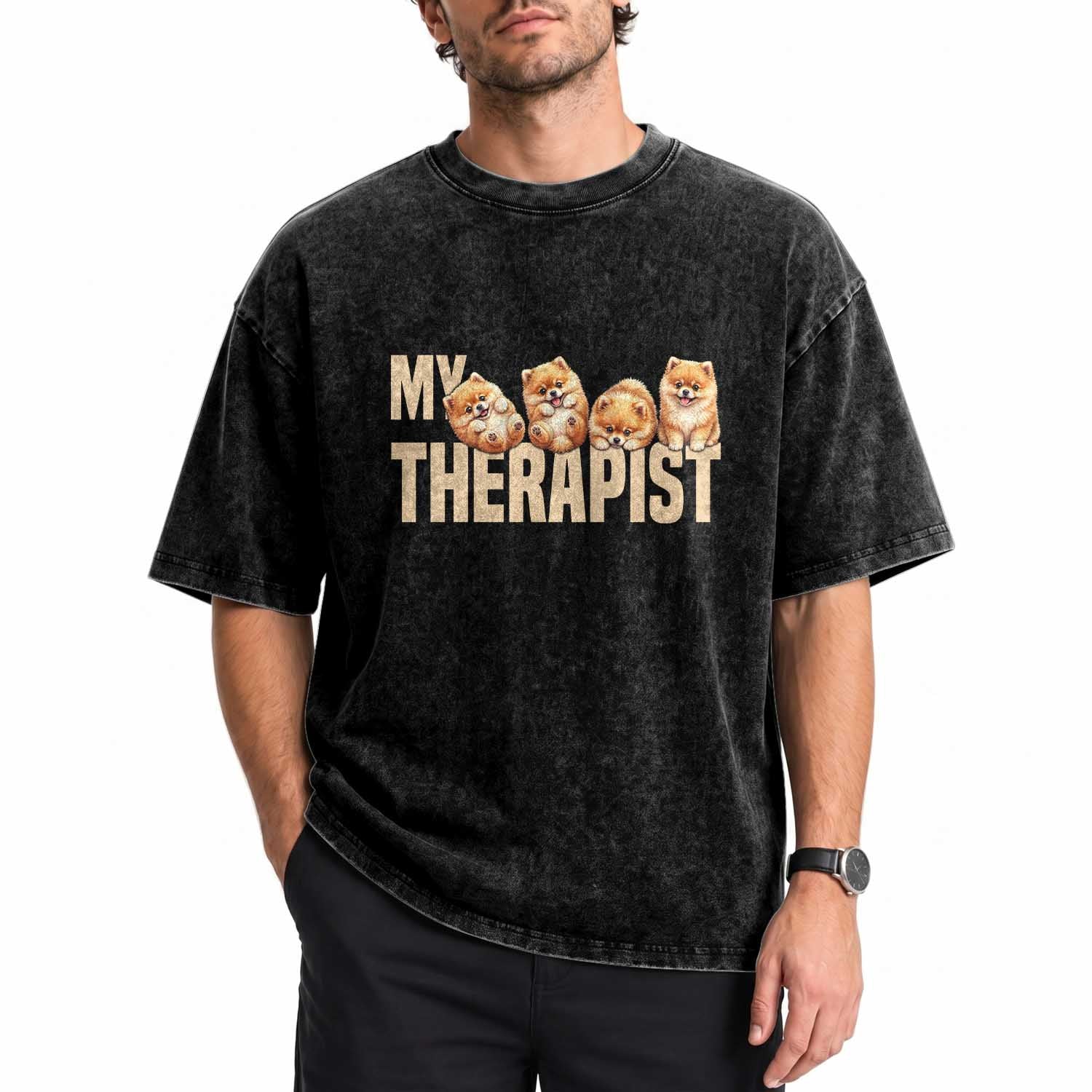 My Therapist Is My Dog Washed Cotton T-Shirt Cute Pomeranian Lover Meme