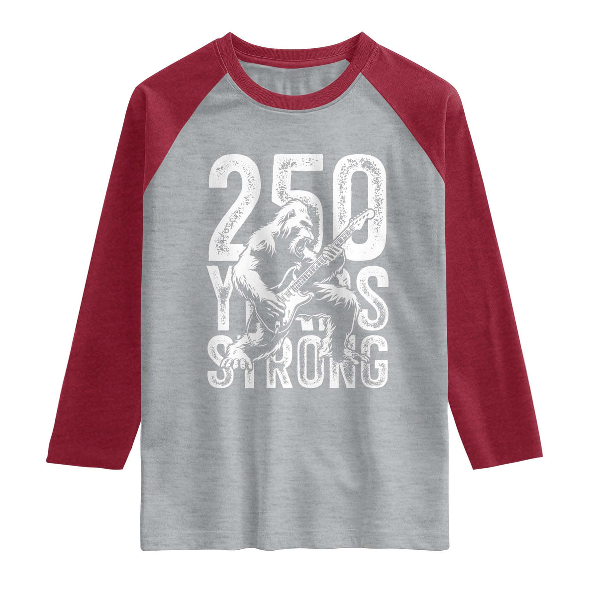 250 Years Strong Bigfoot Guitar Raglan Shirt USA 250th Anniversary Gift TS12 Heather Gray Heather Red Print Your Wear