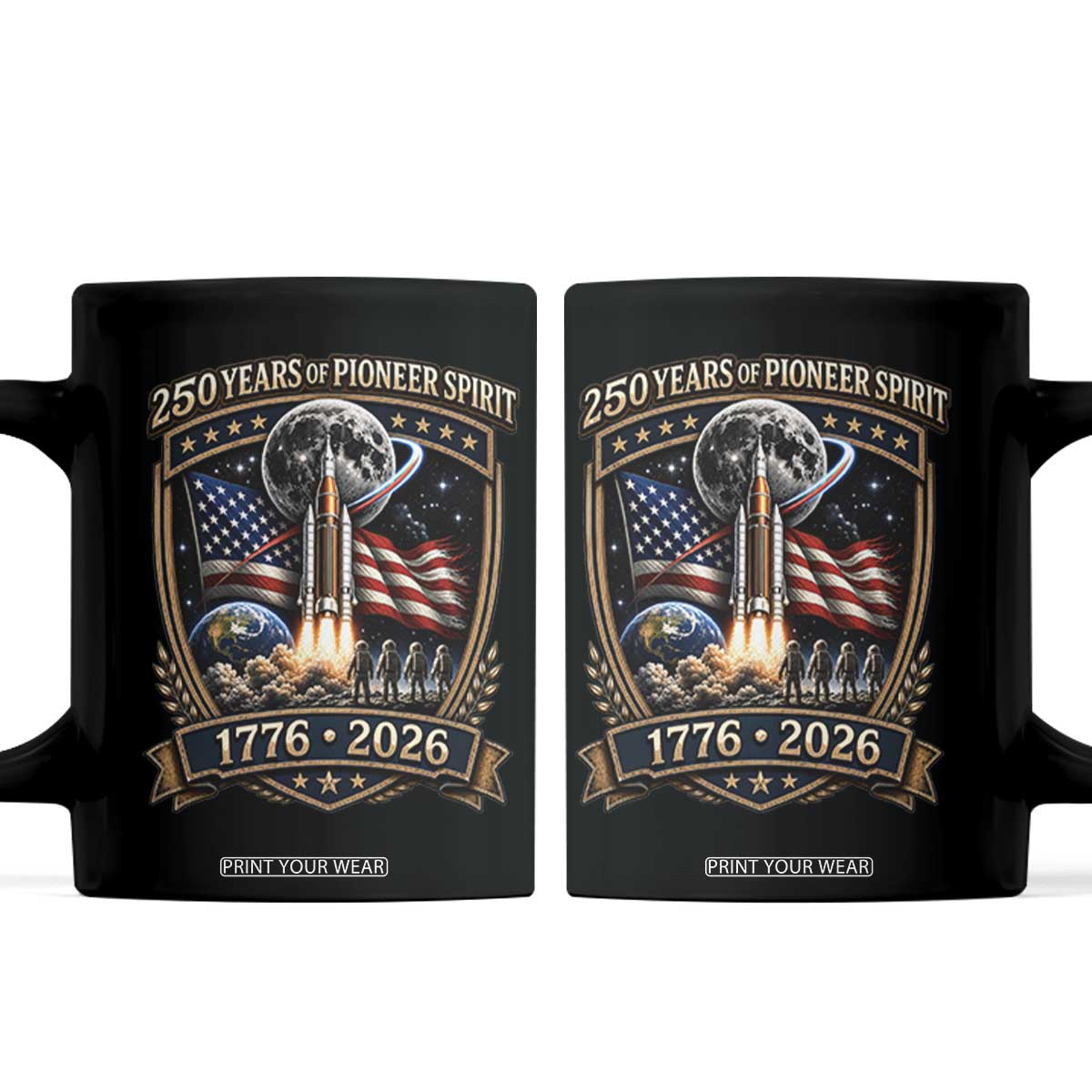 Astronaut 250 Years Of Pioneer Spirit Coffee Mug Patriotic Astronaut Graphic Gift TS12 Black Print Your Wear