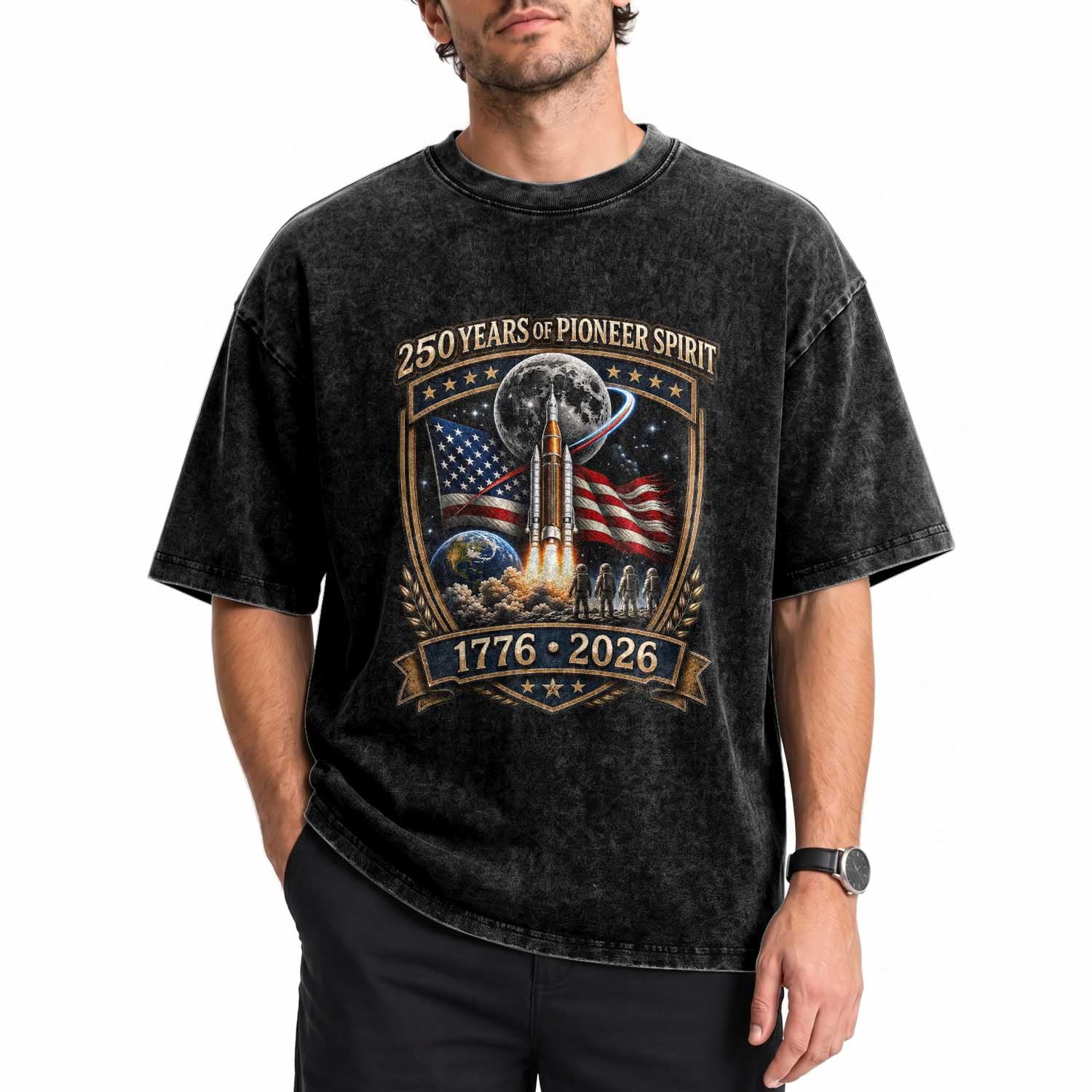 Astronaut 250 Years Of Pioneer Spirit Washed Cotton T-Shirt Patriotic Astronaut Graphic Gift