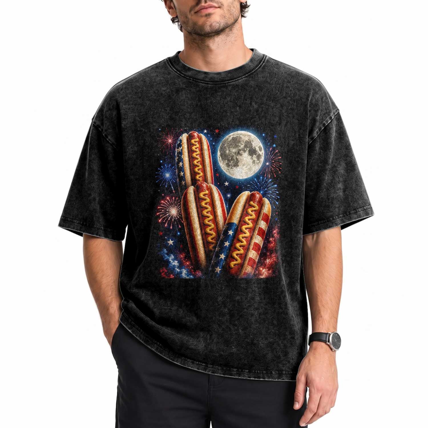 4th Of July Hotdog Fireworks Washed Cotton T-Shirt American Food Lovers