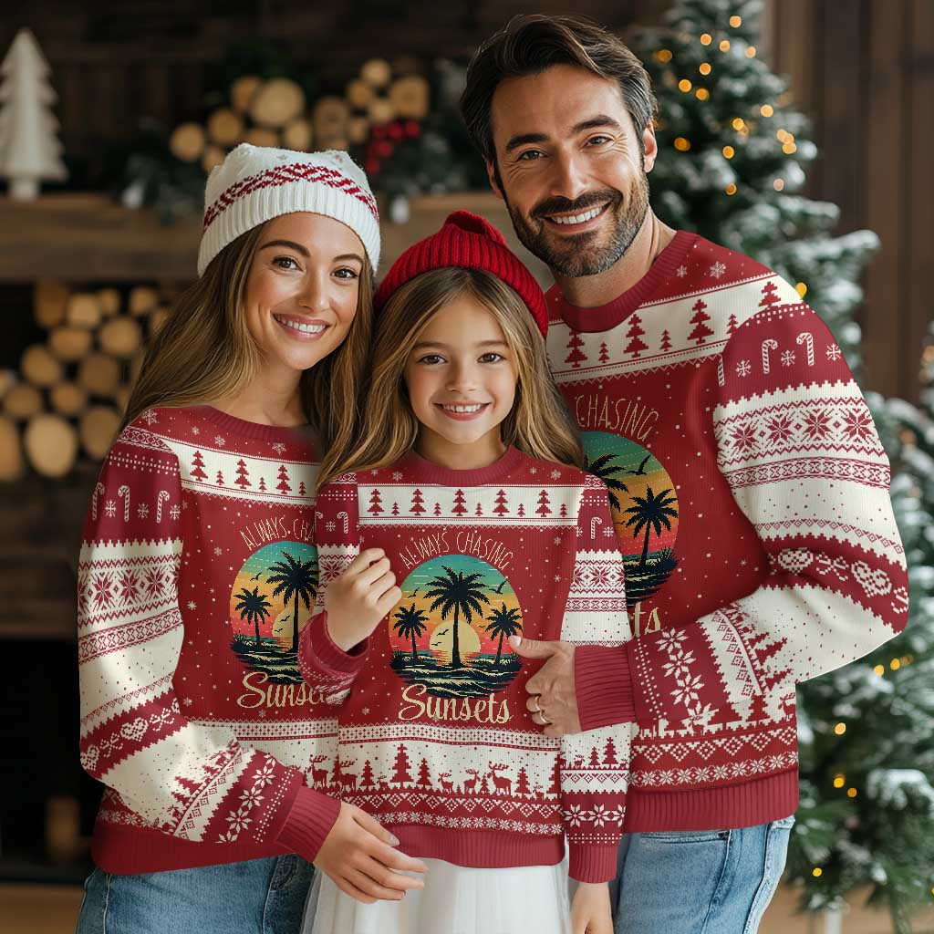Vintage Always Chasing Sunsets Ugly Christmas Sweater Hawaiian Tropical Beach Graphic TS12 Red Beige Print Your Wear