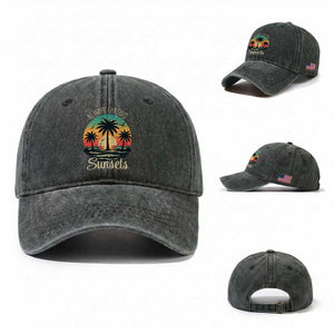 Vintage Always Chasing Sunsets Washed Cotton Baseball Cap Hawaiian Tropical Beach Graphic TS12 Washed Cap Universal Fit Dark Green Print Your Wear