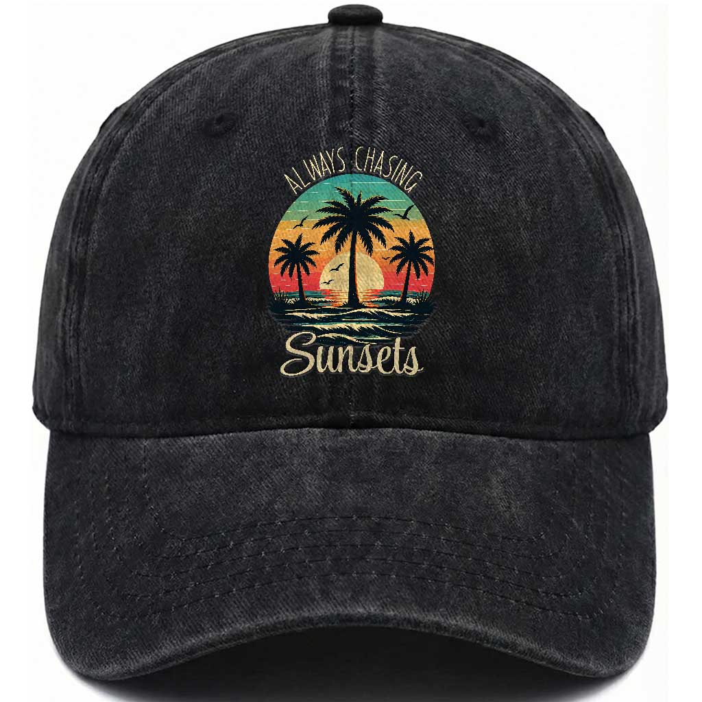 Vintage Always Chasing Sunsets Washed Cotton Baseball Cap Hawaiian Tropical Beach Graphic TS12 Print Your Wear