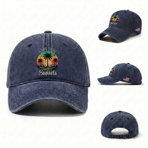 Vintage Always Chasing Sunsets Washed Cotton Baseball Cap Hawaiian Tropical Beach Graphic TS12 Washed Cap Universal Fit Navy Print Your Wear