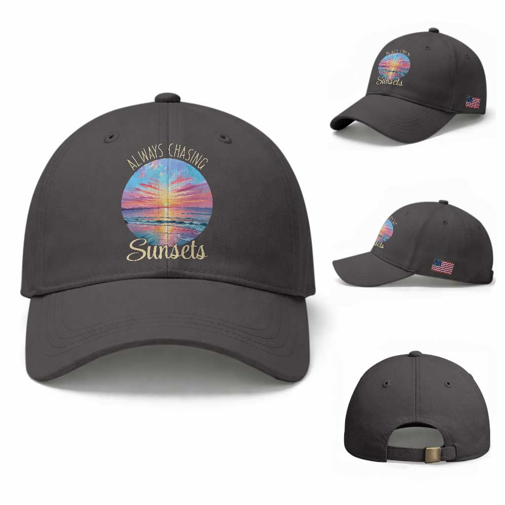 Always Chasing Sunsets Baseball Cap Summer Vacation Travel Gift TS12 Baseball Cap Universal Fit Dark Gray Print Your Wear