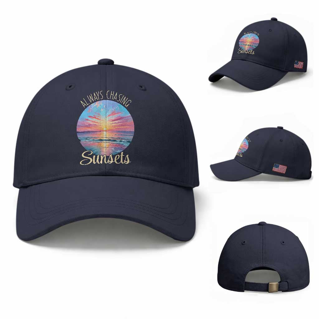 Always Chasing Sunsets Baseball Cap Summer Vacation Travel Gift TS12 Baseball Cap Universal Fit Navy Print Your Wear