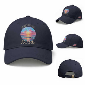 Always Chasing Sunsets Baseball Cap Summer Vacation Travel Gift TS12 Baseball Cap Universal Fit Navy Print Your Wear