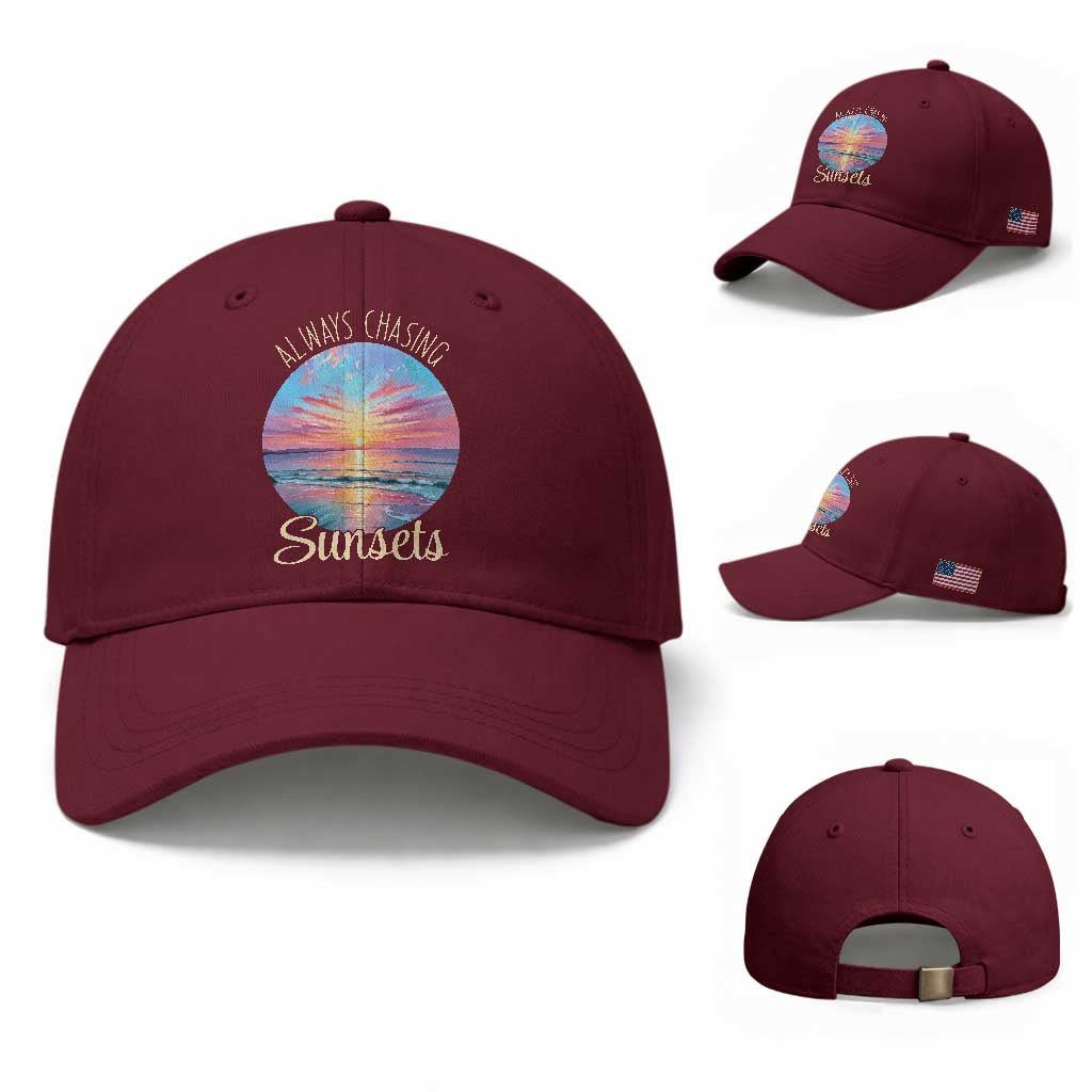 Always Chasing Sunsets Baseball Cap Summer Vacation Travel Gift TS12 Baseball Cap Universal Fit Maroon Print Your Wear