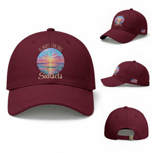 Always Chasing Sunsets Baseball Cap Summer Vacation Travel Gift TS12 Baseball Cap Universal Fit Maroon Print Your Wear