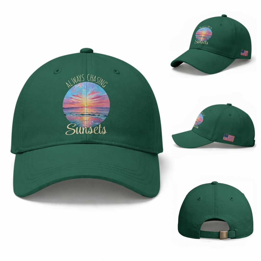 Always Chasing Sunsets Baseball Cap Summer Vacation Travel Gift TS12 Baseball Cap Universal Fit Irish Green Print Your Wear