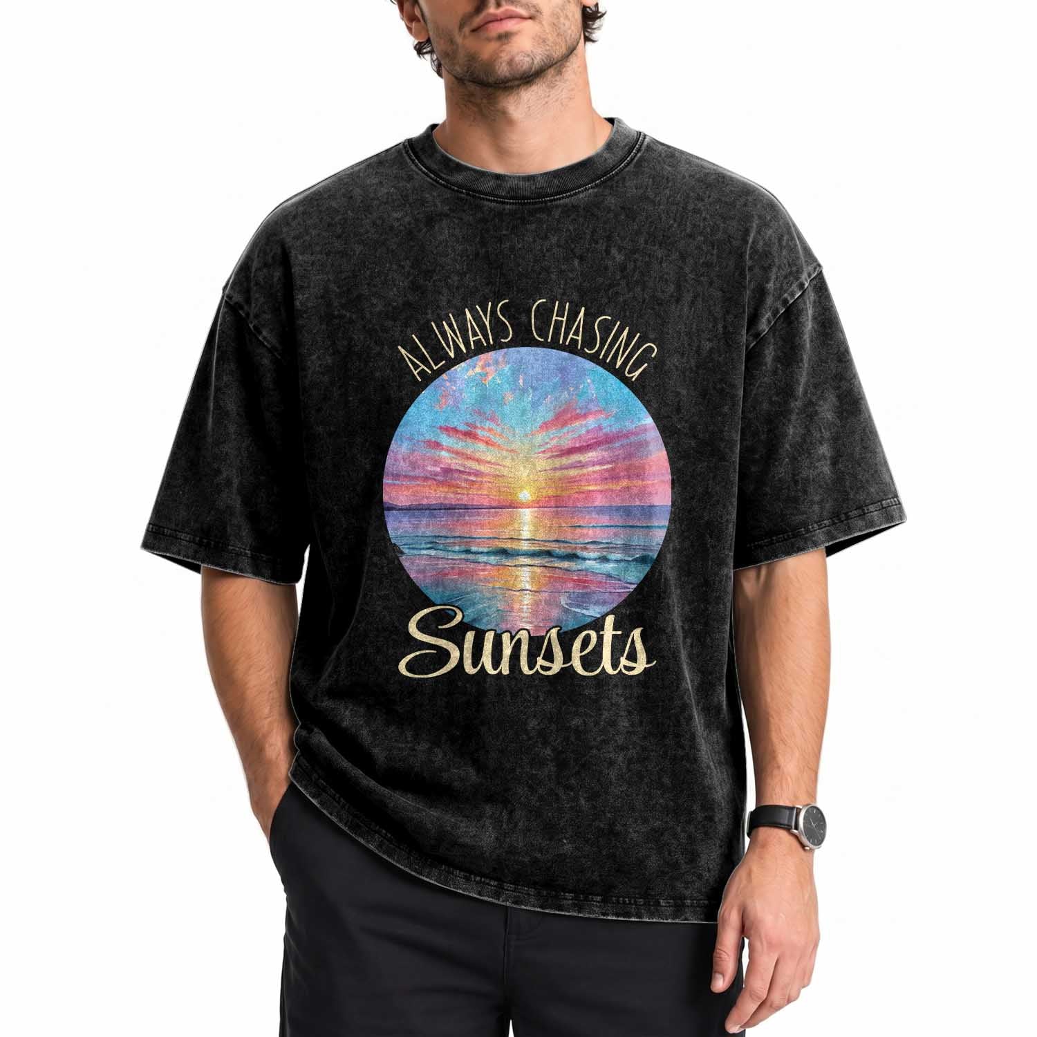 Always Chasing Sunsets Washed Cotton T-Shirt Summer Vacation Travel Gift