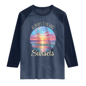 Always Chasing Sunsets Raglan Shirt Summer Vacation Travel Gift TS12 Heather Denim Navy Print Your Wear
