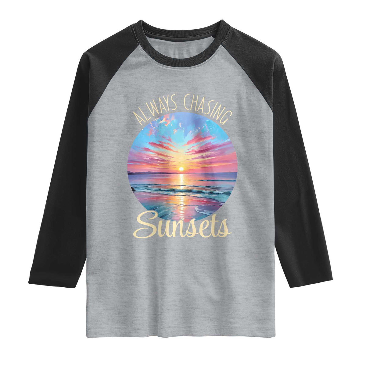 Always Chasing Sunsets Raglan Shirt Summer Vacation Travel Gift TS12 Heather Gray Black Print Your Wear