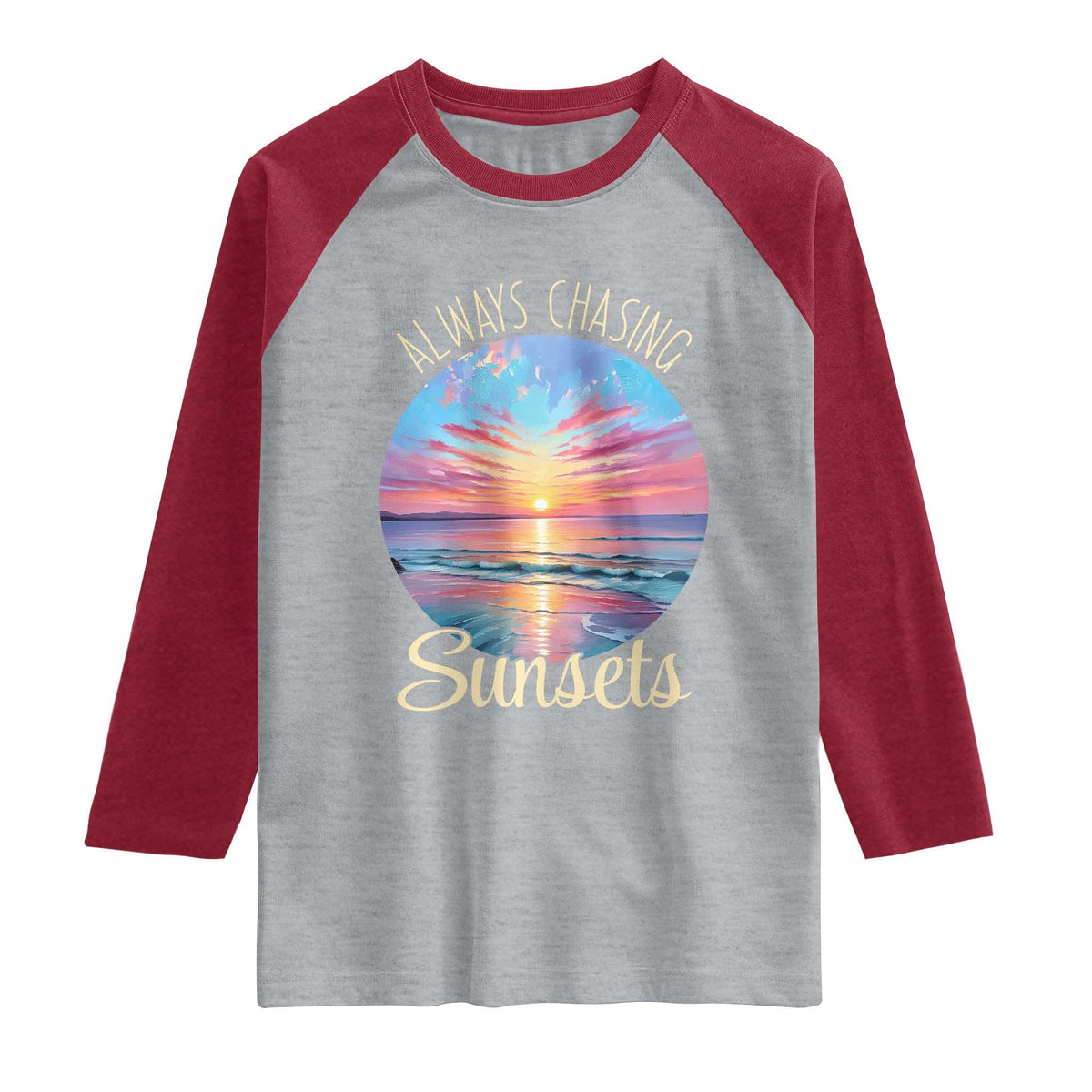 Always Chasing Sunsets Raglan Shirt Summer Vacation Travel Gift TS12 Heather Gray Heather Red Print Your Wear