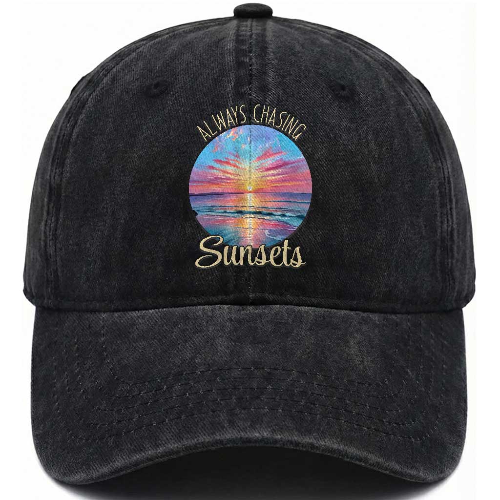Always Chasing Sunsets Washed Cotton Baseball Cap Summer Vacation Travel Gift TS12 Print Your Wear