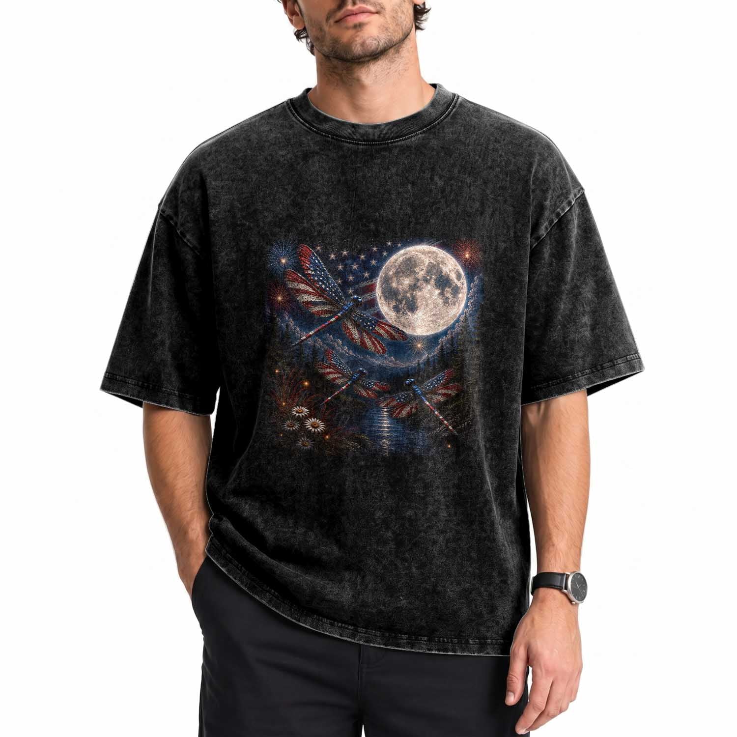 American Flag Dragonfly Patriotic 4th Of July Washed Cotton T-Shirt