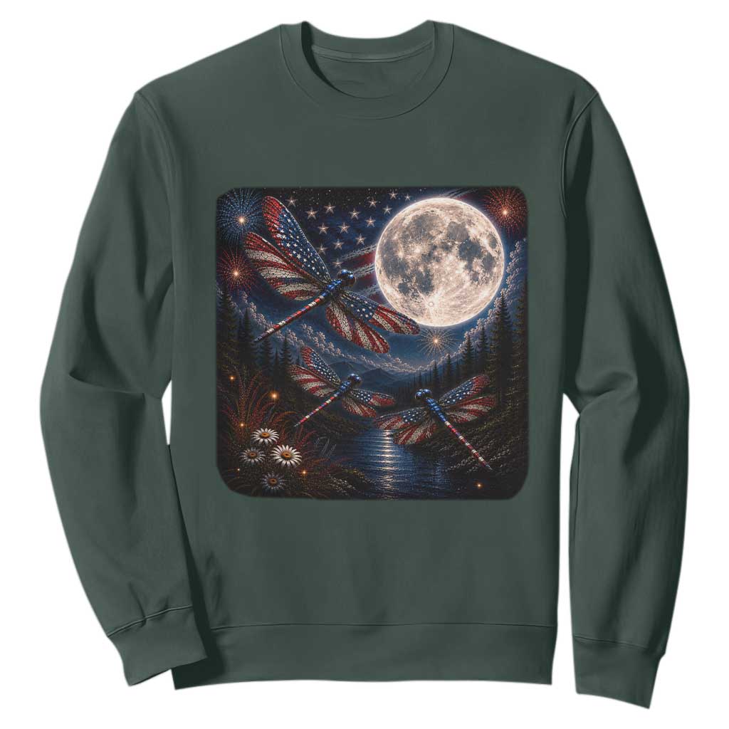 American Flag Dragonfly Patriotic 4th Of July Sweatshirt TS12 Dark Forest Green Print Your Wear